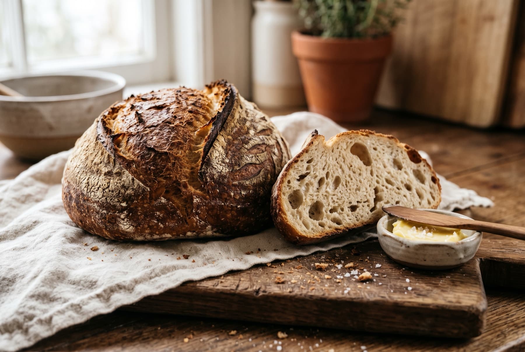 A rustic loaf of bread on linen