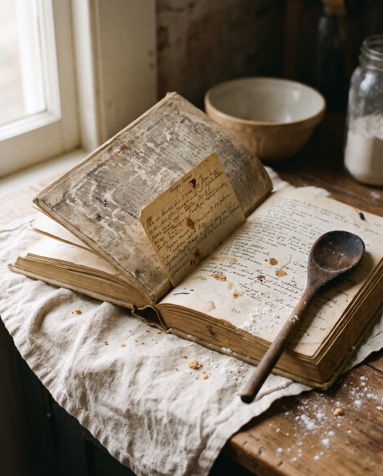 An open, well-used cookbook with a handwritten card