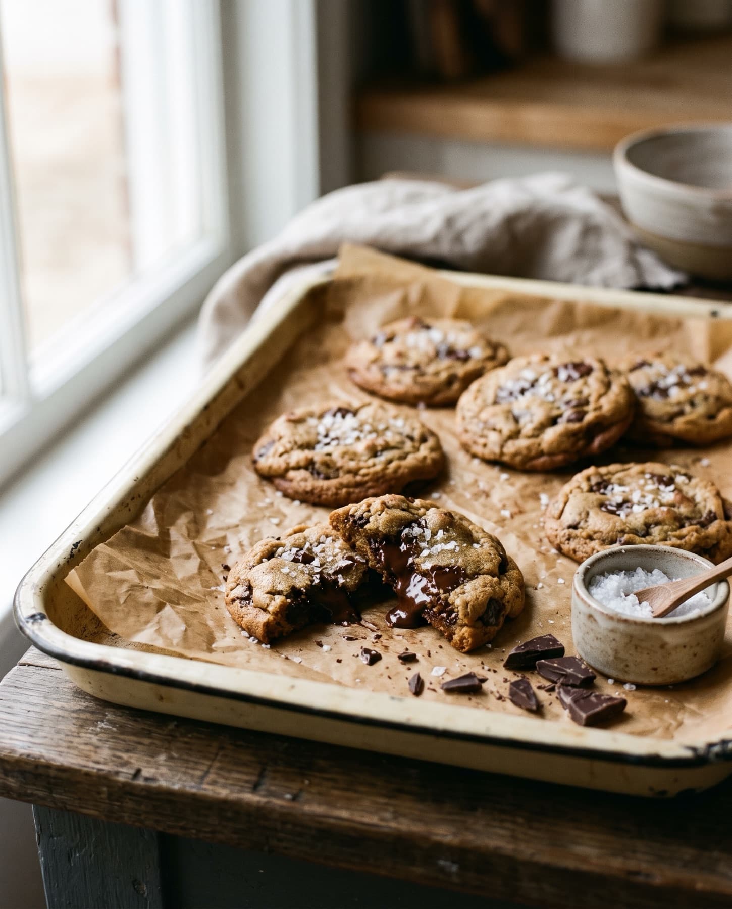 Chocolate chip cookies cooling on parchment