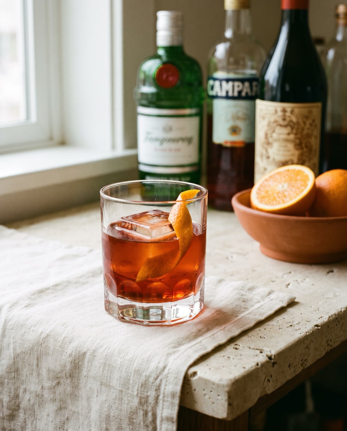 A Negroni on a linen cloth